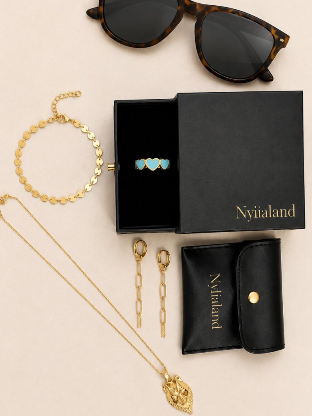 Nylialand Gold Set | Wolf Head Pendant, Blue Heart Ring & Sunglasses